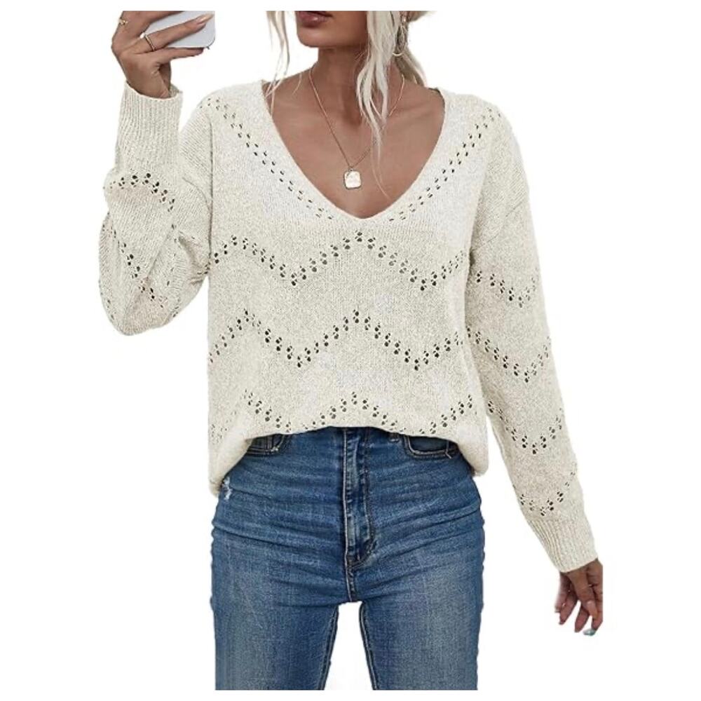 Cable Knit Ivory Women's Sweater V Neck Medium